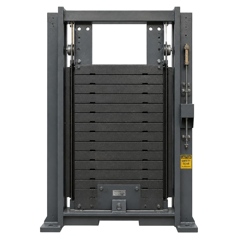 Counterweight frame with safety gear
